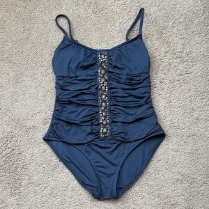 Women’s Size 6 Badgley Mischa Navy Blue Ruched Swimsuit with Embellishments